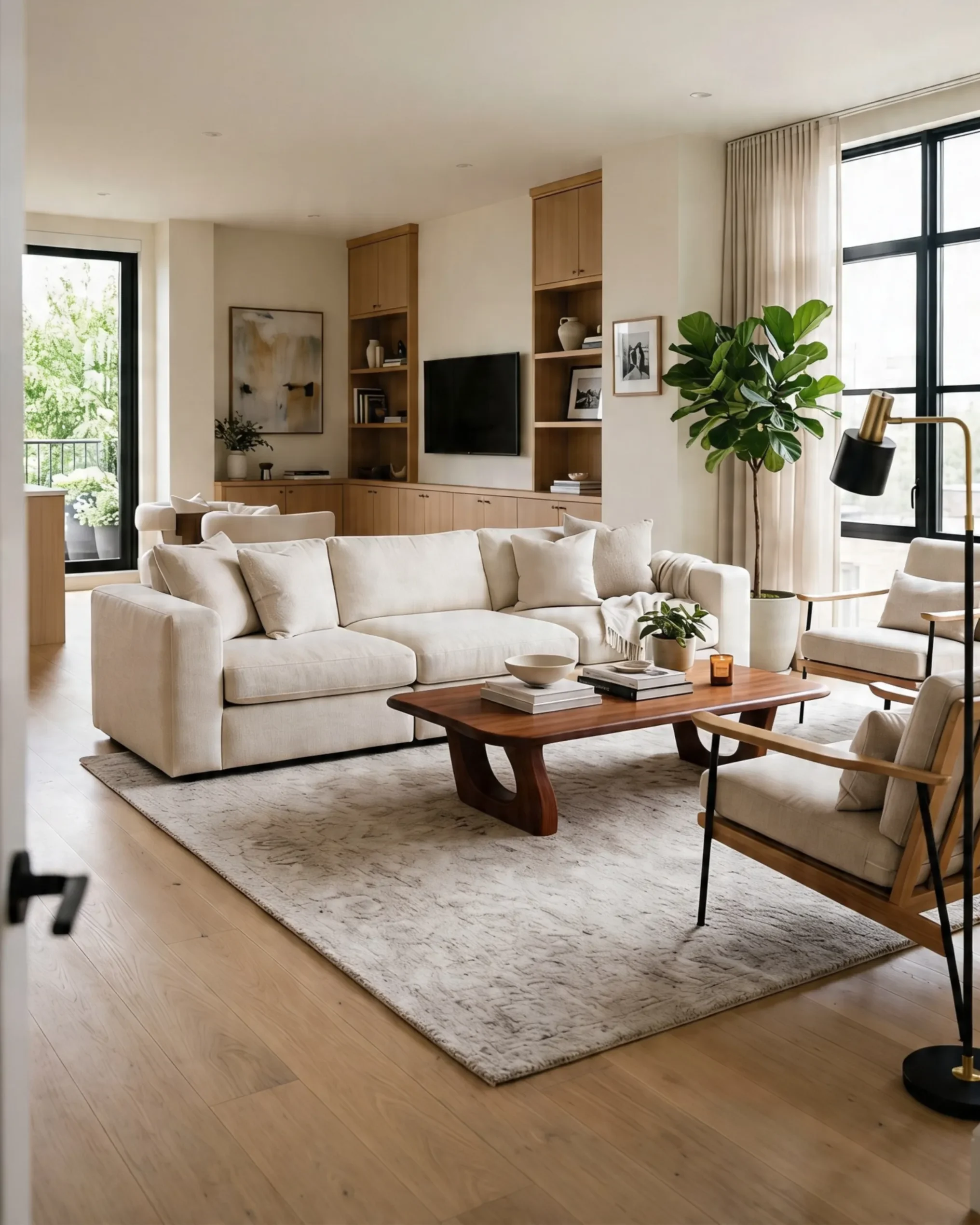 A living room with built-in oak shelving, a pale sectional sofa, a walnut coffee table and full-height windows dressed with linen curtains.